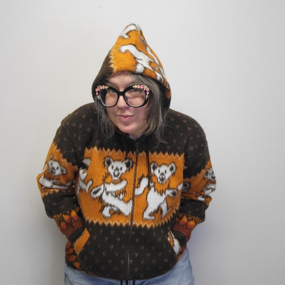 GRATEFUL DEAD Bears Fuzzy Wool/Cotton Zip Hoodie Sweater Brown Orange Unisex S - Picture 8 of 11